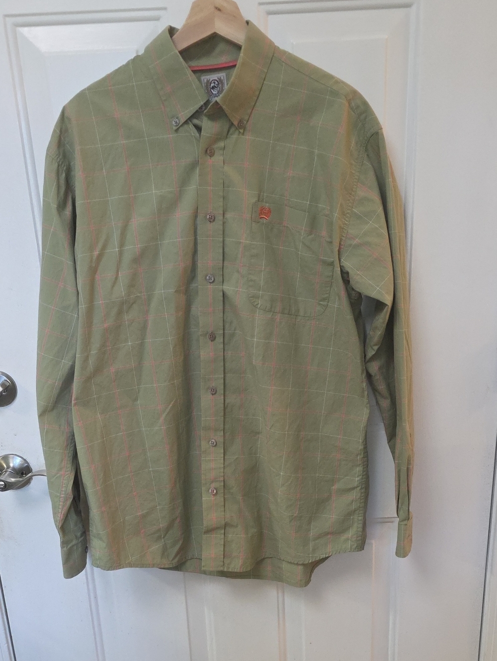 100% Cotton Cinch Light Green Button-Down Shirt with Coral Windowpane